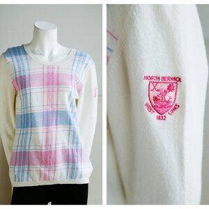 Hawick Knitwear Ivory Pink  Blue Plaid made in Scotland Lambswool Pullover